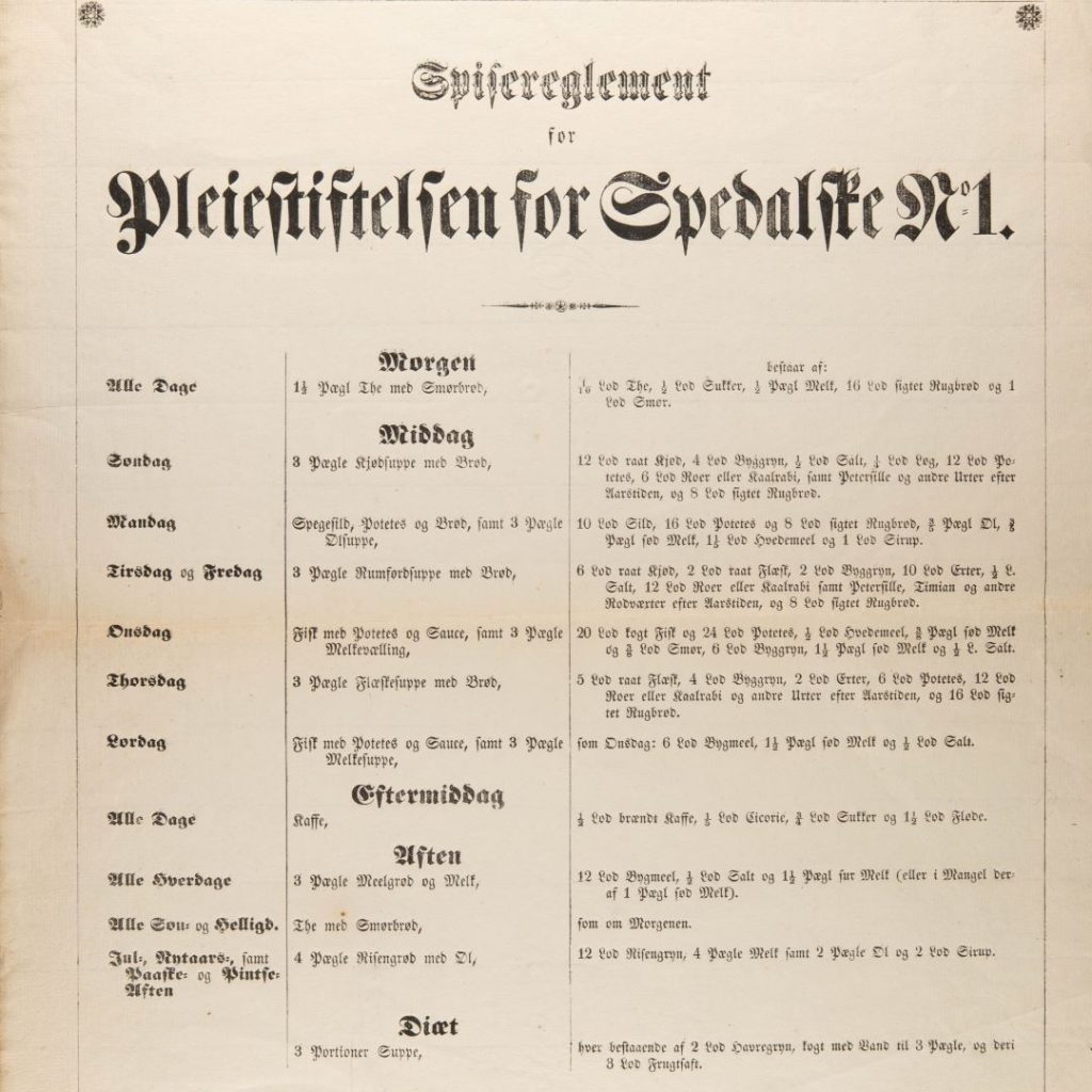 Food regulations from Pleiestiftelsen Hospital, 1859. Photo: Bergen City Museum.