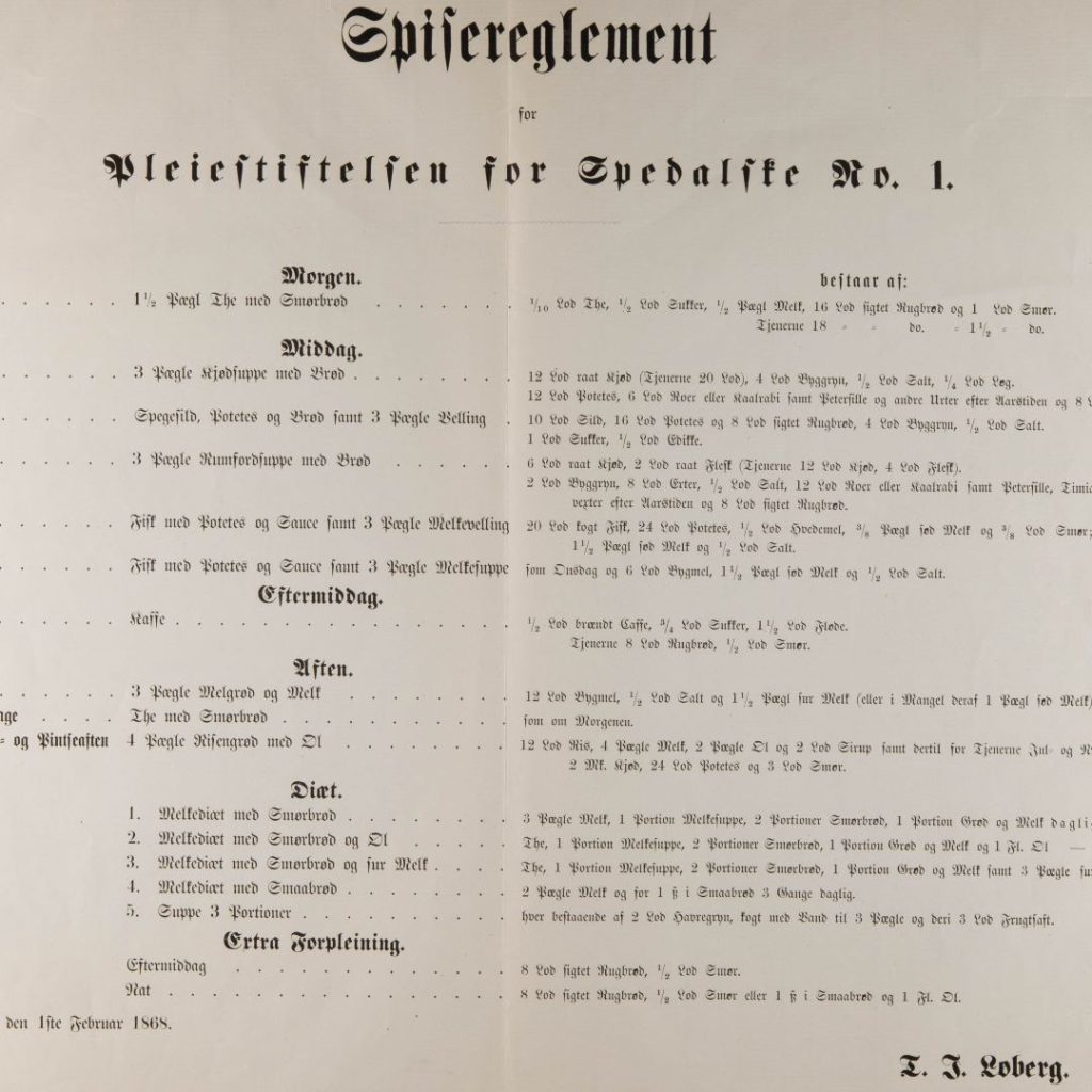 Food regulations from Pleiestiftelsen Hospital, 1868. Photo: Bergen City Museum.
