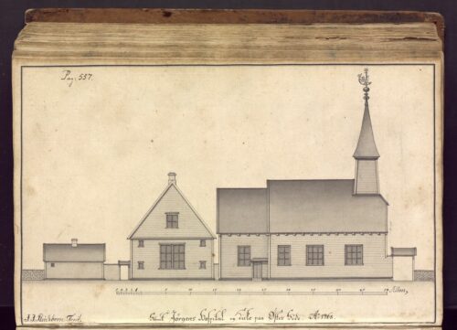 Drawing of St. Jørgen's Hospital from 1768, by Johan J. Reichborn. Photo: Ingfrid Bækken. Bergen City Archives.