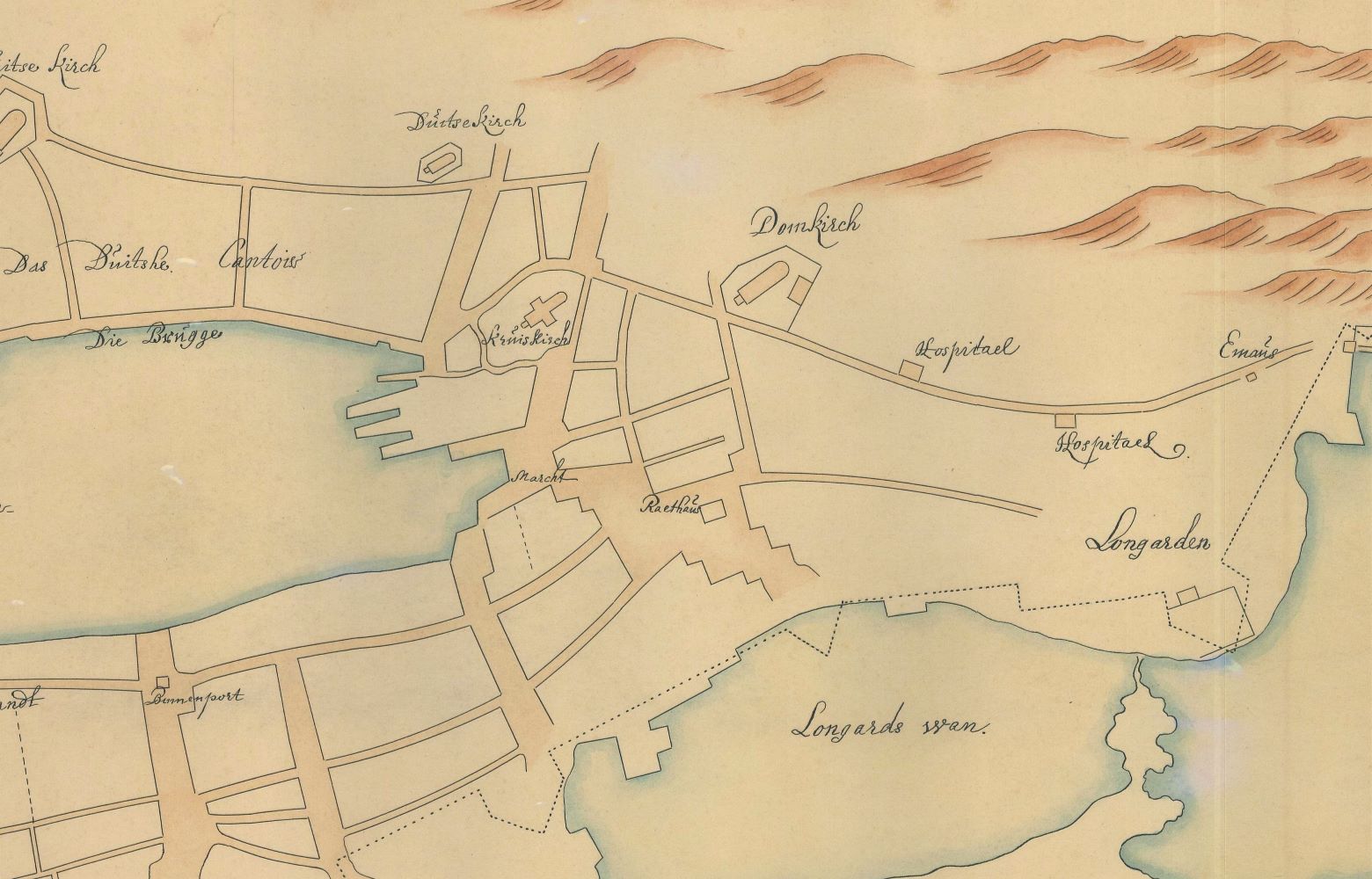Utsnitt av håndtegnet kopi av Geelkercks kart fra 1937. Bergen byarkiv.