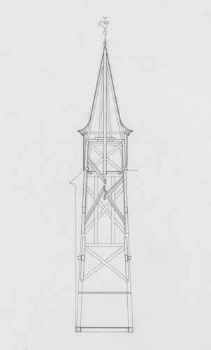 Skisse av tårnet. Fra Riksantikvarens arkiv.