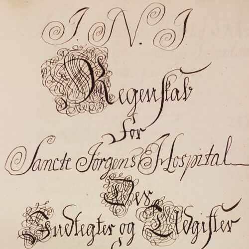 Utsnitt av forside på regnskapet for St. Jørgens hospital for 1752. Bergen byarkiv. Foto: Ingfrid Bækken.