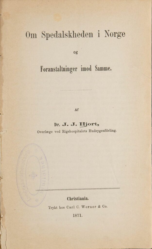 Titlepage. book about leprosy in Norway by Dr. Hjort. 1871.